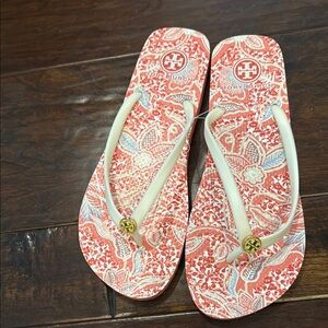Tory Burch Coral and Cream Patterned Sandals